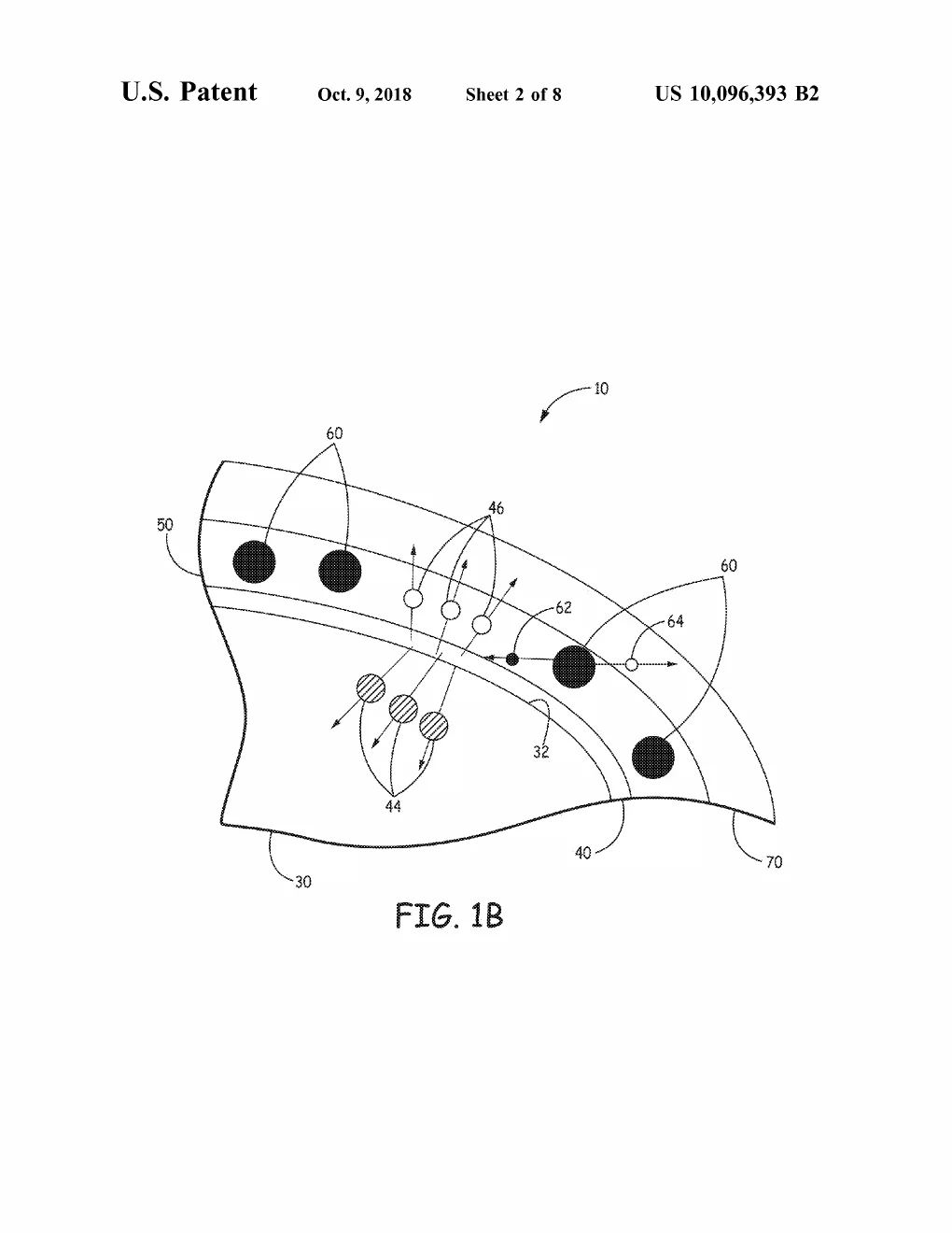 Patent drawing, US10096393B2: A magnified slice through one coated wall of the sponge, with quantum dots drawn as dark circles in the layer stack and arrows tracing beta particles striking in and freed electric charges being pulled apart across the layers.