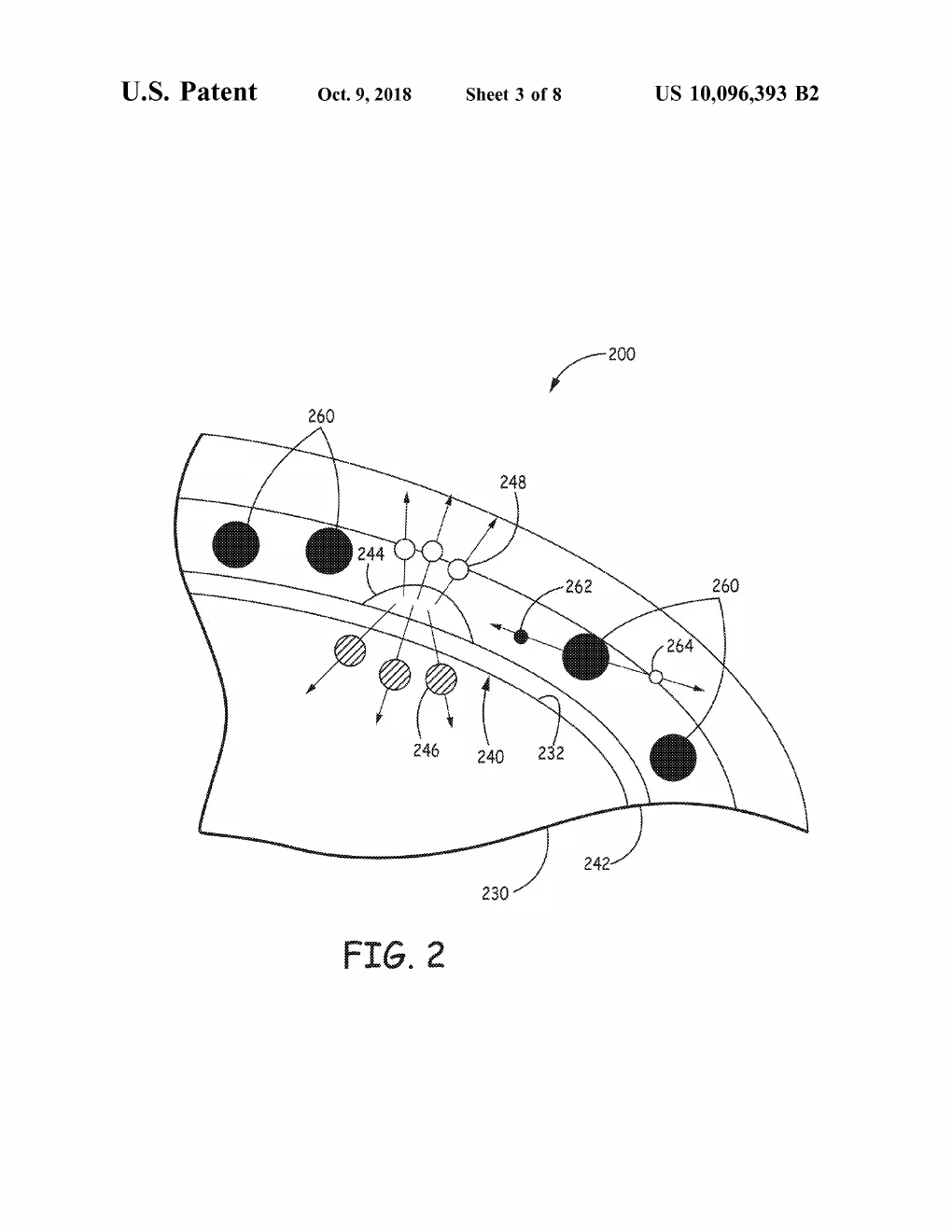 Patent drawing, FIG. 2 of US10096393B2: A close-up cross-section of an alternate layer stack, again with quantum dots embedded in the coating and arrows showing radiation particles arriving and the resulting positive and negative charges separating toward opposite layers.