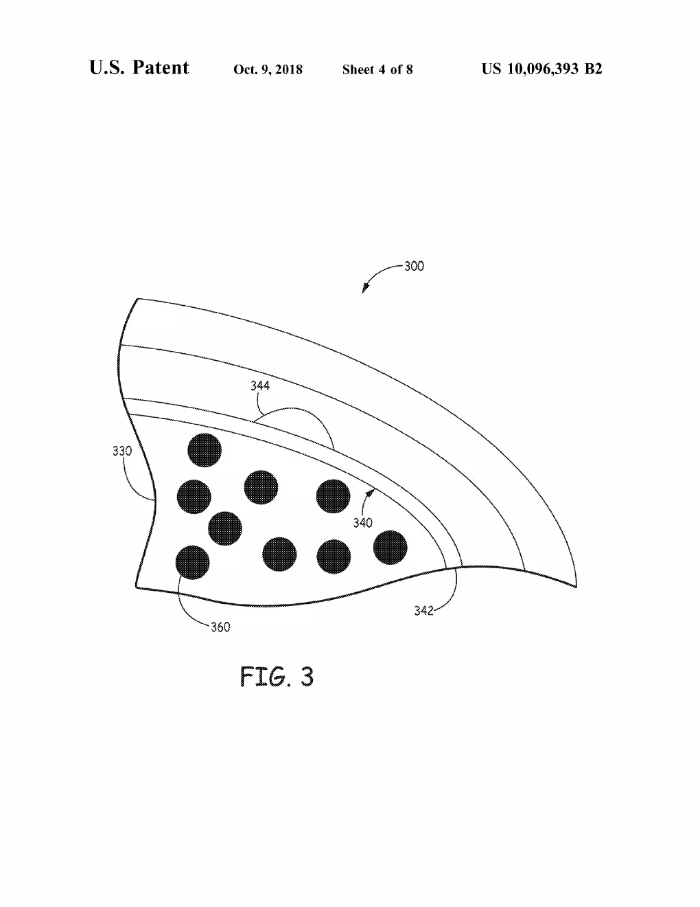 Patent drawing, FIG. 3 of US10096393B2: A cross-section of an embodiment where the radioactive fuel itself, drawn as a scatter of dark particles, is embedded inside the collector body beneath the coating layers instead of shining in from outside.