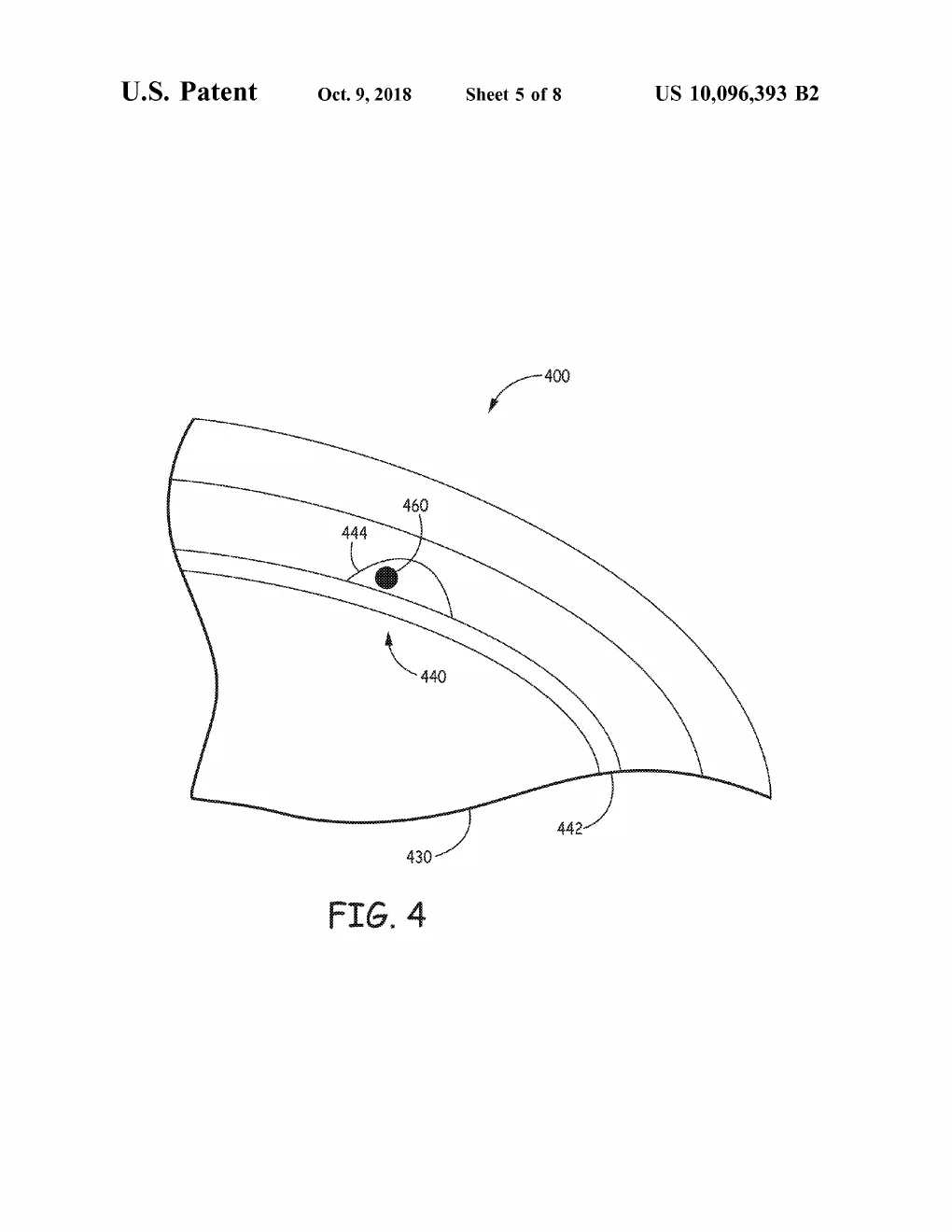 Patent drawing, US10096393B2: A sparse cross-section of the curved layer stack with a single dark particle lodged in one coating layer, illustrating the simplest case of a source particle sitting within the converter's skin.