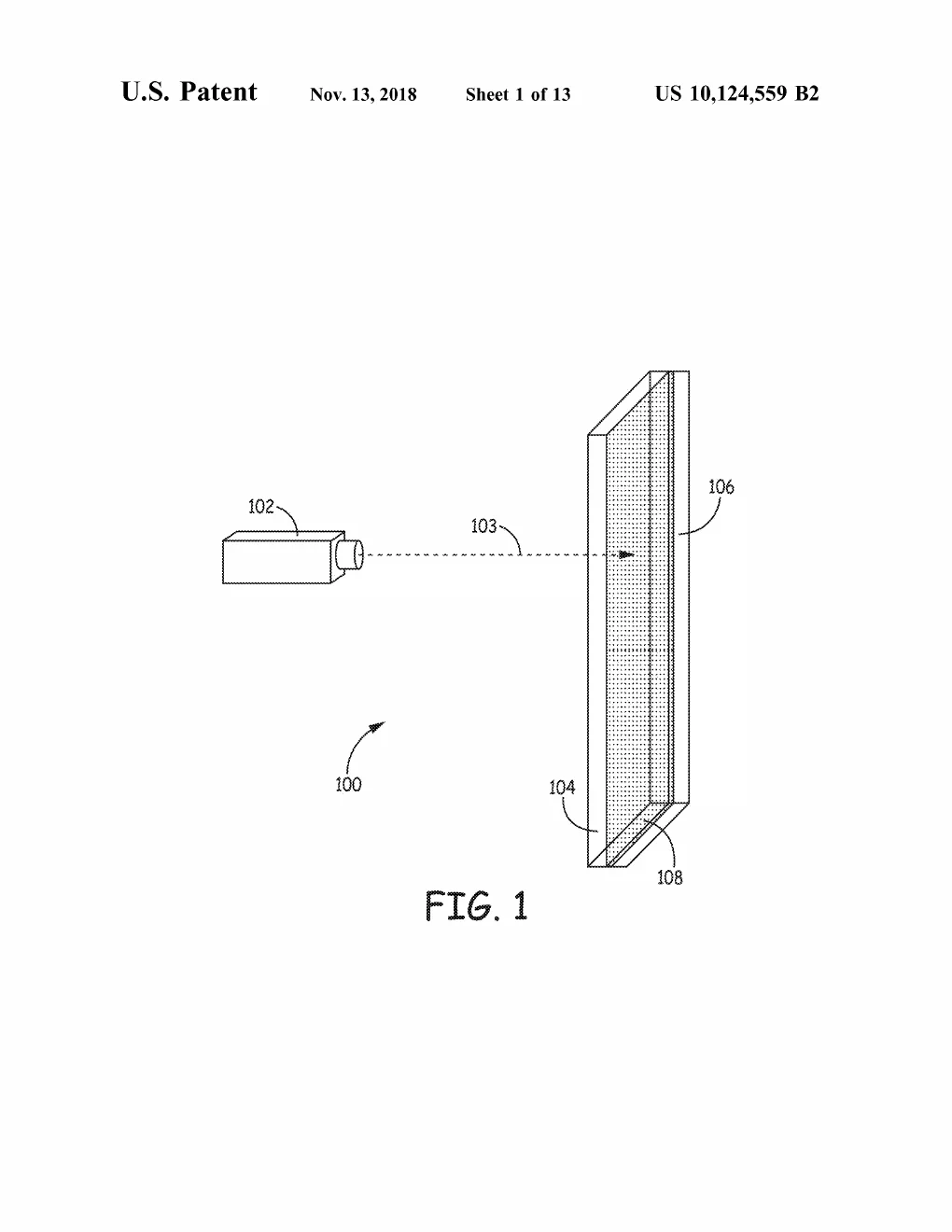 Patent drawing, FIG. 1 of US10124559B2: A perspective view of the core setup: a laser unit fires its beam through a transparent sapphire sheet that is stacked face-to-face against a titanium plate, so the light lands at the hidden interface between the two.