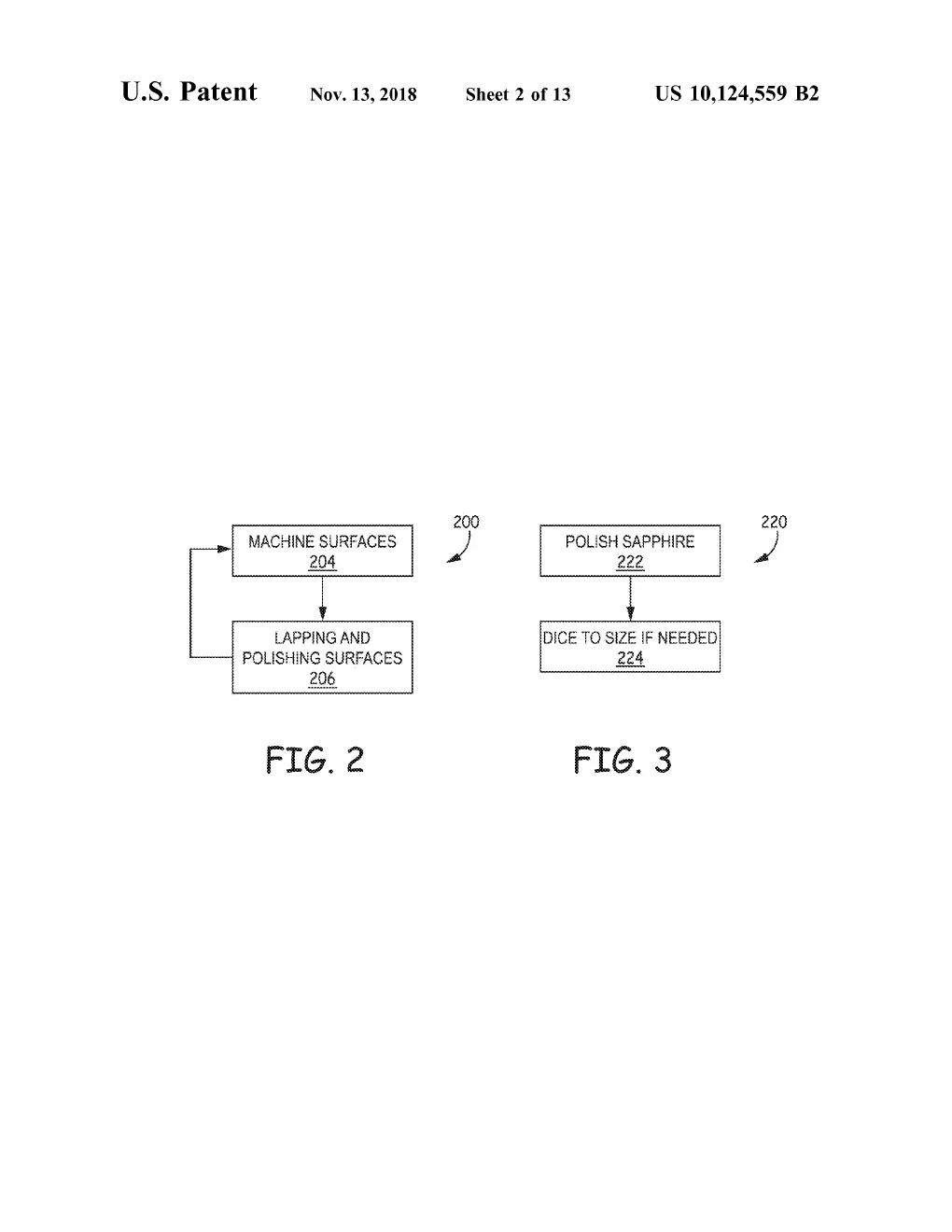 Patent drawing, FIGS. 2-3 of US10124559B2: Two short flowcharts of surface preparation: machining then lapping/polishing the metal surfaces, and polishing the sapphire then dicing it to size.