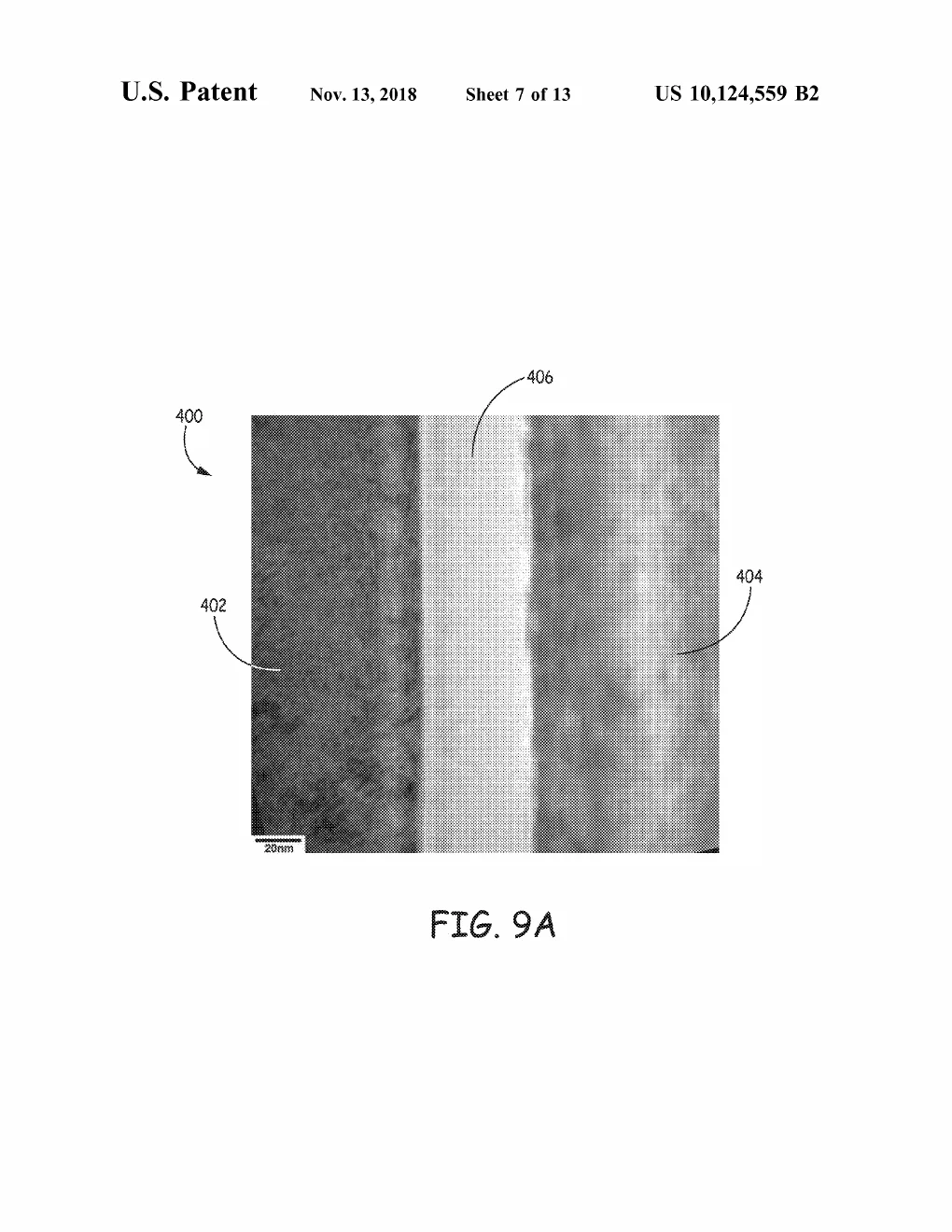 Patent drawing from US10124559B2, FIG. 9A: An actual electron-microscope cross-section image (20 nm scale bar) showing the titanium on one side, sapphire on the other, and the thin bright interfacial bond layer running between them.