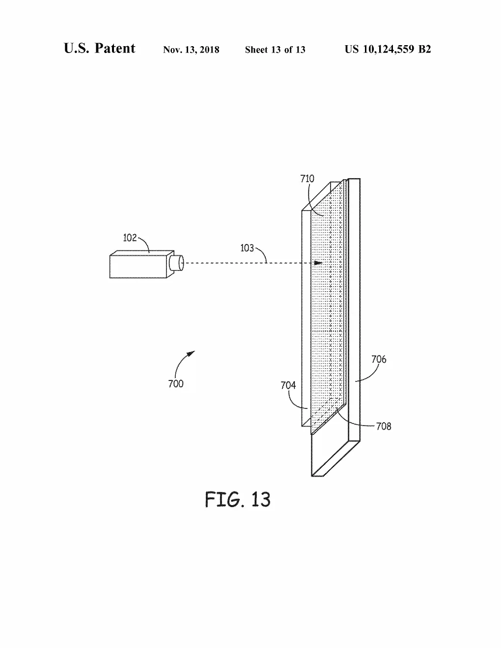 Patent drawing, US10124559B2: A perspective variant of the setup where the laser fires through the transparent layer into a multi-layer stack that includes an extra interlayer, showing the technique extended beyond a simple two-part joint.