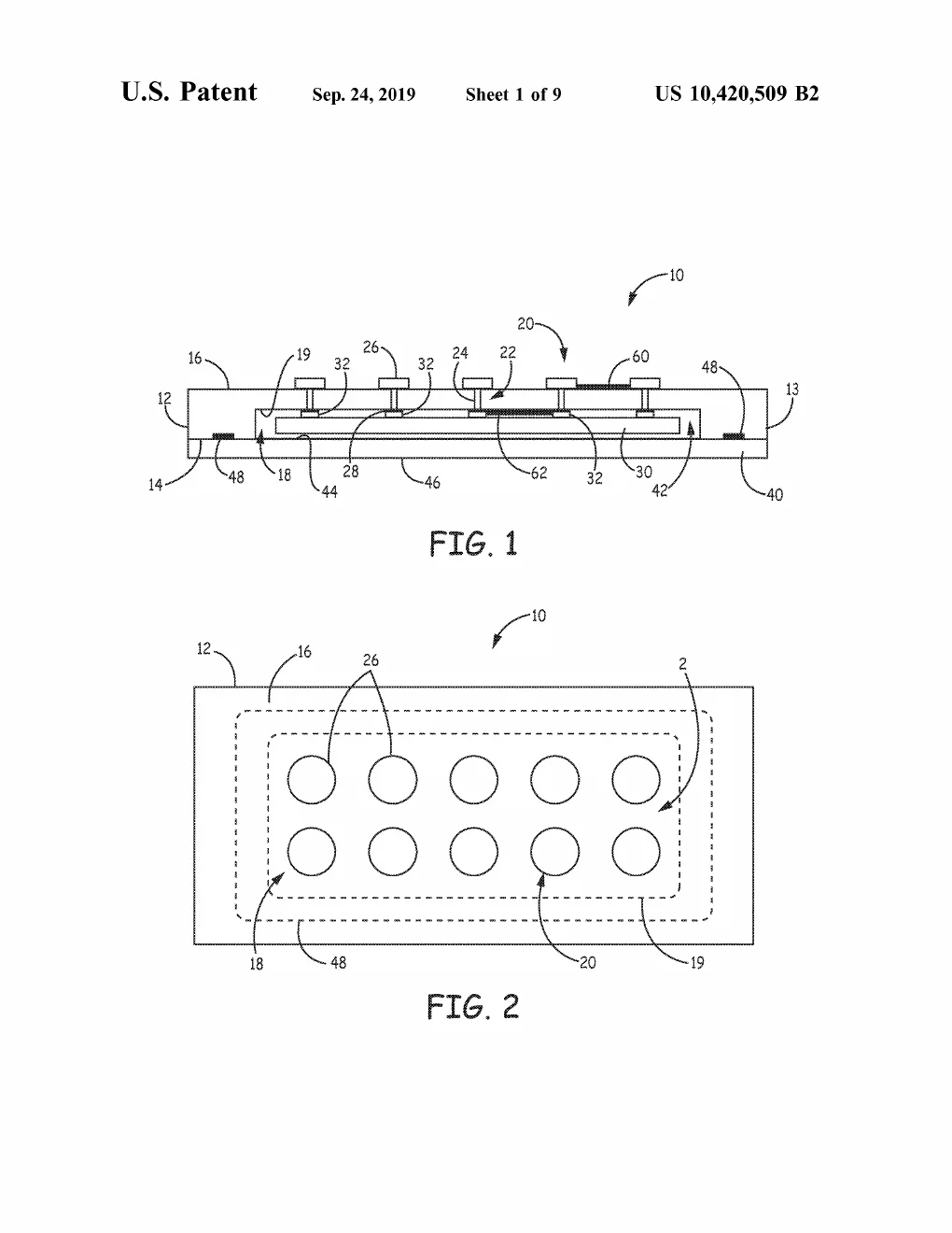 A side cross-section of the sealed package — cavity, cover, and capped vias — above a top view of its grid of ten round external contacts.