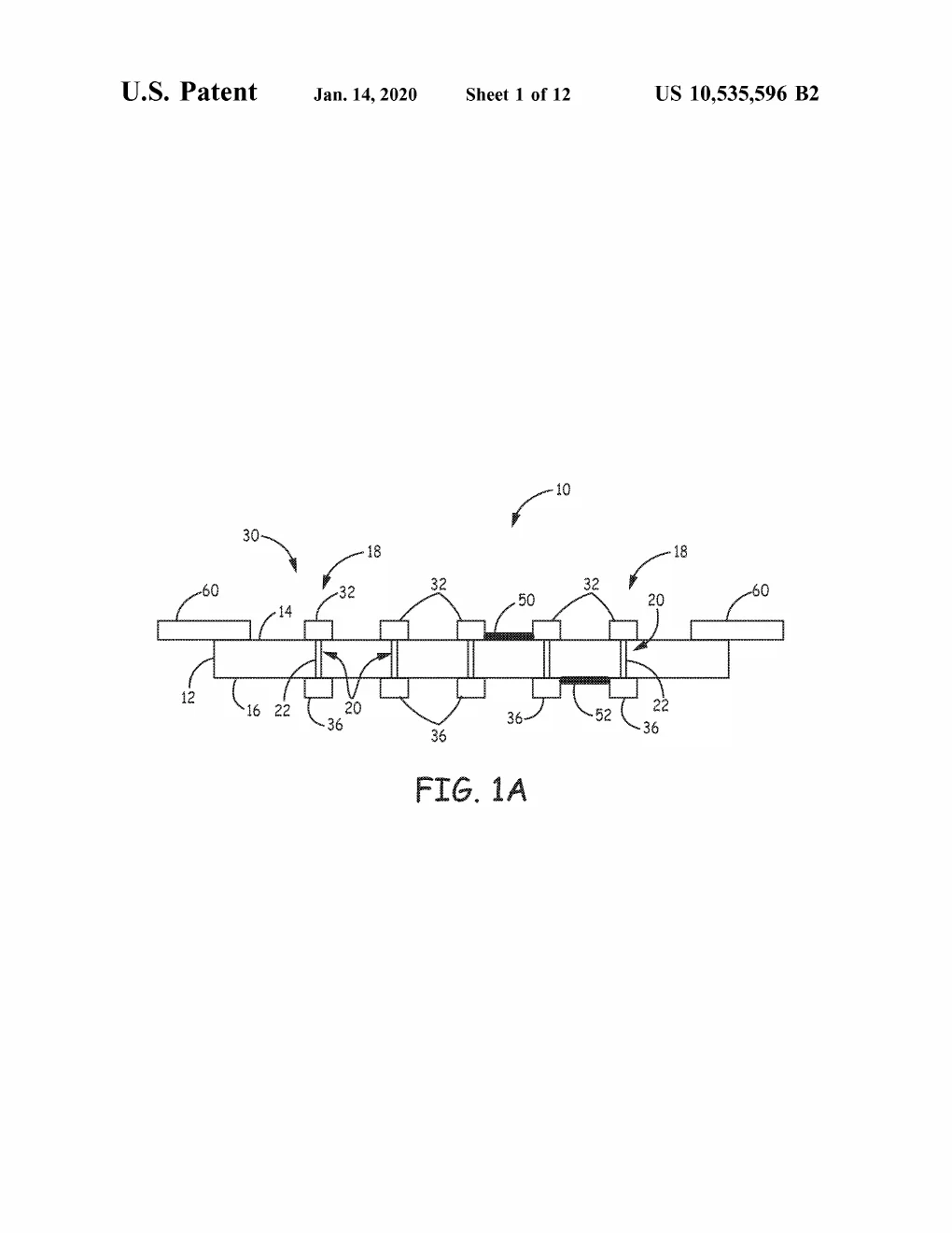 Patent drawing, FIG. 1A of US10535596B2: A side cross-section of the whole feedthrough assembly: a flat insulating substrate pierced by several conductive vias, each capped by external contacts on top and internal contacts below, with bond pads flanking the ends.