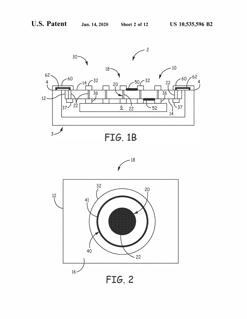 Patent drawing, US10535596B2: The feedthrough shown installed in an implantable device's sealed housing with electronics inside (1B), plus a top-down view of one contact where the laser bond forms a visible ring encircling the via (2).