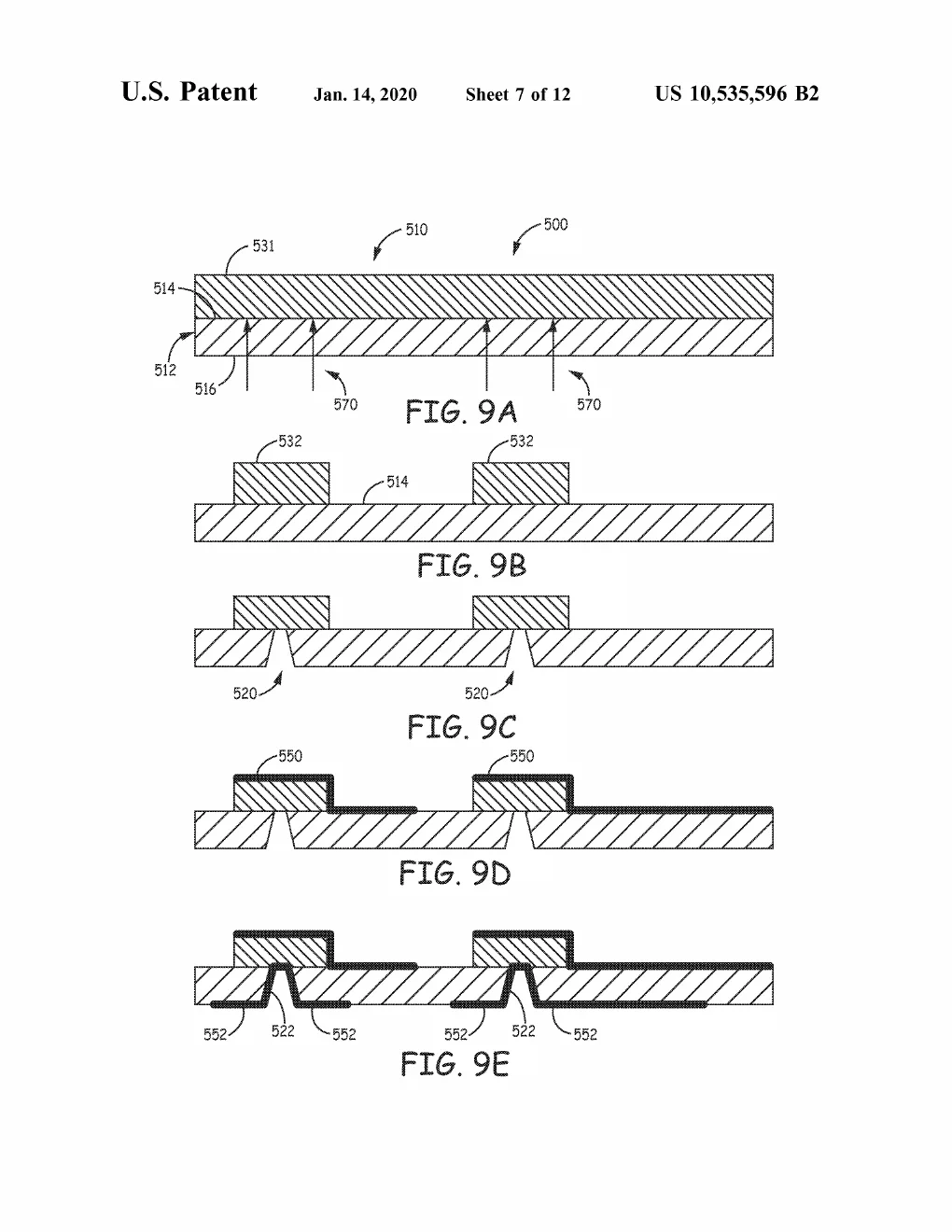 Patent drawing from US10535596B2, FIG. 9A-9E: A bond-first process variant in cross-section: two substrate layers are laser-welded together face-to-face first, then contacts are added, vias etched down through the stack, and both sides metallized to complete the conductive path.