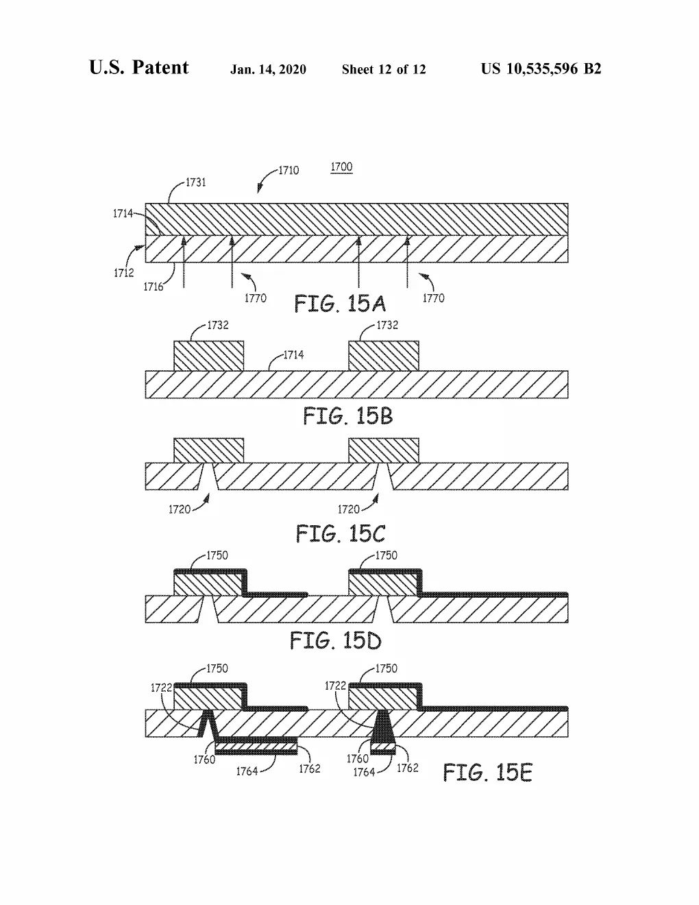 Patent drawing, US10535596B2: A final fabrication storyboard combining the tricks: laser-weld the two-layer substrate first, pattern contact blocks, etch tapered vias, metallize over the top, then build layered metal stacks on the underside to finish the conductors.