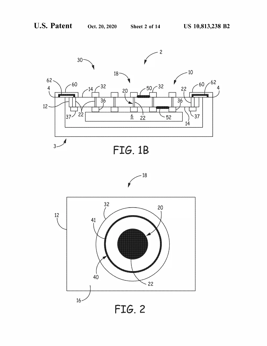 A cross-section of the sealed package with its feedthrough contacts, paired with a top-down view of one contact — the dark via at center ringed by its bond.