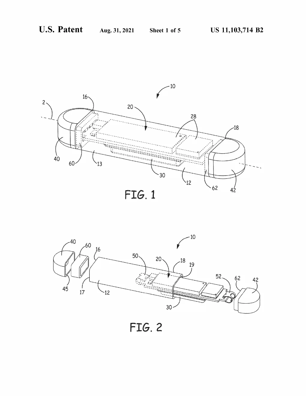 The capsule-shaped device seen whole and pulled apart along its axis — end caps, seal rings, and the electronics that slide into the tube.