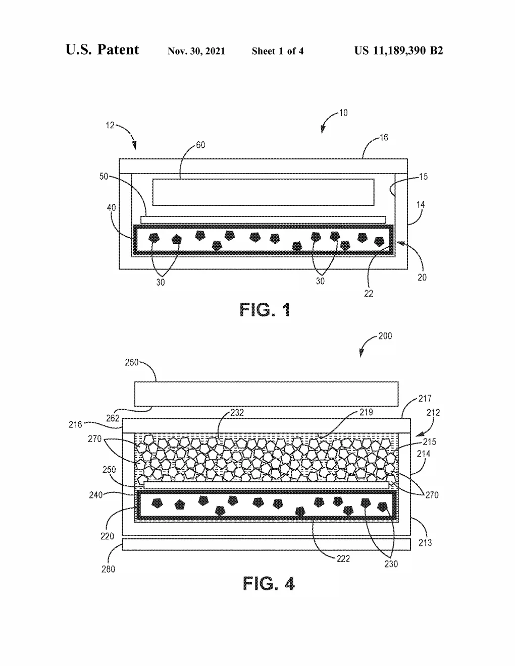 Cross-sections of the sealed power source: the isotope-bearing layer at the floor of its housing, and a variant packed with granular carrier material beneath the cover.
