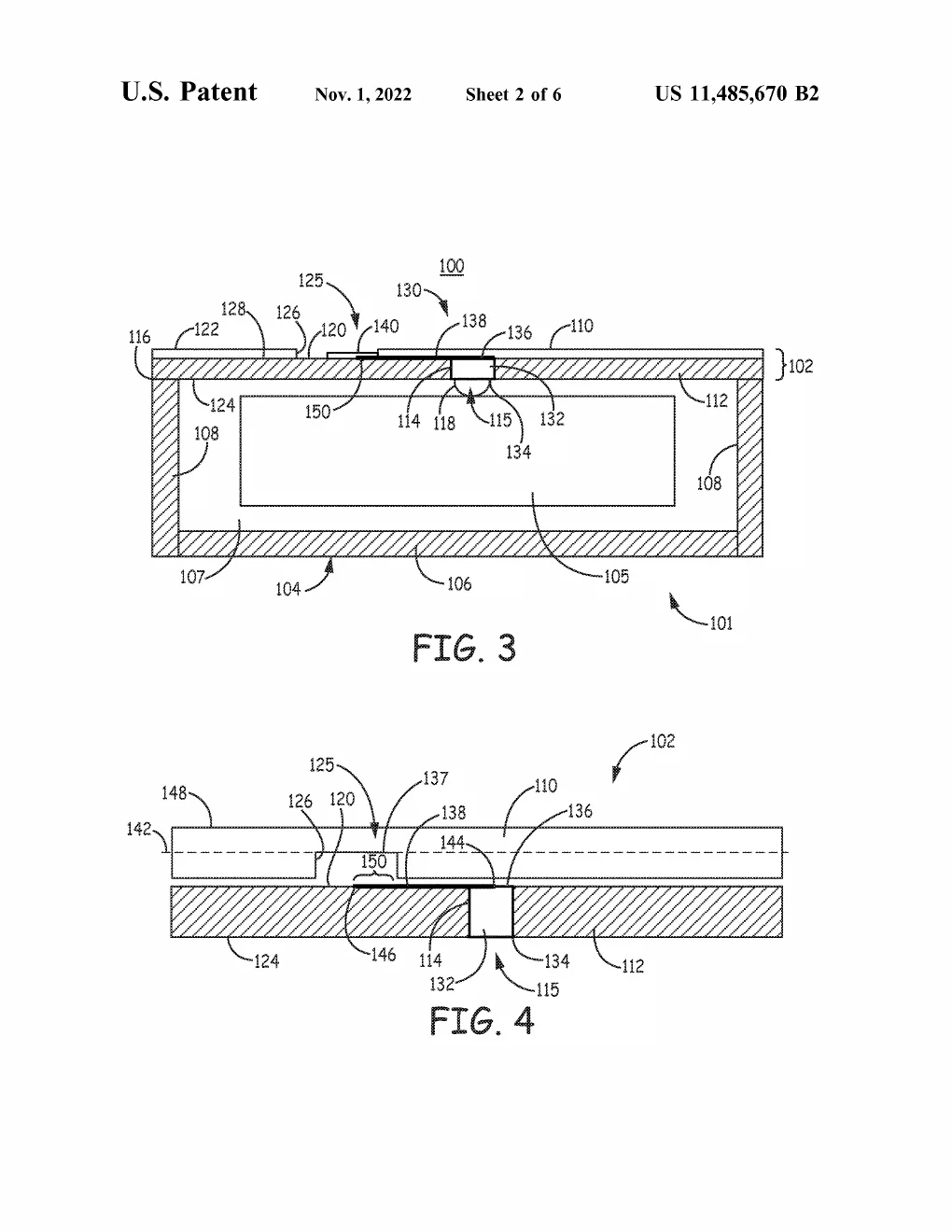 Cross-sections of the glass-wafer package: the sealed cavity in full, and a close-up of the buried feedthrough whose conductive trace jogs sideways beneath the surface.