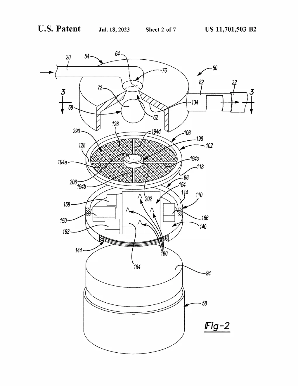 An exploded perspective view of the valve assembly pulled apart into its stack: the inlet connector and domed housing with its ball-and-cone valve seat on top, the cross-hatched flexible membrane disc beneath it, the plate carrying the MEMS actuators and electronics below that, and the fluid reservoir base at the bottom.