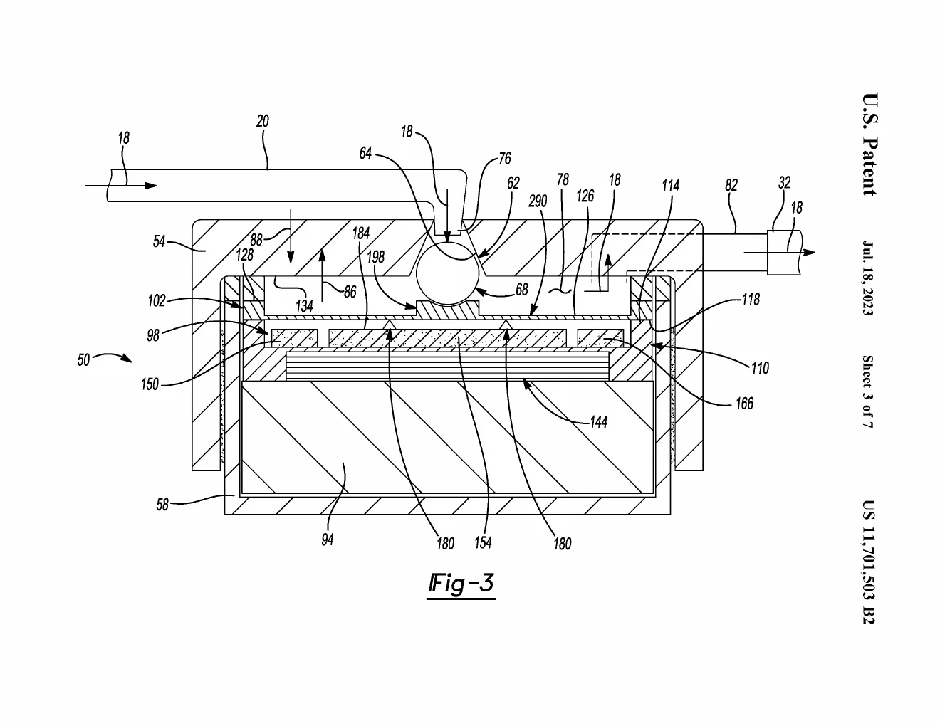 Patent drawing, FIG. 3 of US11701503B2: A cutaway cross-section through the assembled valve showing how the layers nest — the ball pressing into its seat, the membrane spanning the chamber, the actuator stack sandwiched underneath, and the fluid path threading in one port and out the other.