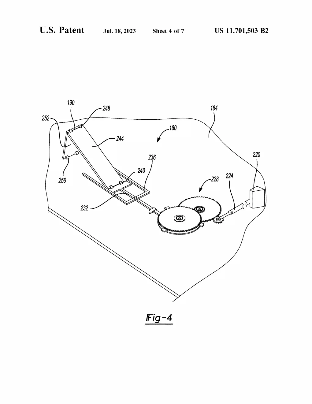Patent drawing, FIG. 4 of US11701503B2: A close-up perspective of a single MEMS actuator mechanism: a tiny motor block driving a two-gear train that pulls a slider and tilts a hinged plate — the micro-machine that physically nudges the valve.