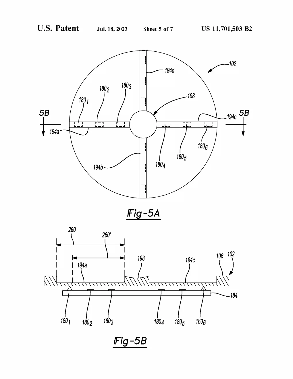 Patent drawing, US11701503B2: Top-down and side sectional views of the membrane disc, showing six micro-actuators arrayed along its cross-shaped ribs and how far each one deflects the disc to change the valve opening.