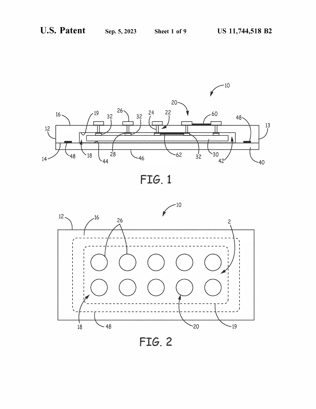 A cross-section of the sealed package — electronics enclosed in a cavity between substrate and cover — beside a top view of its grid of feedthrough contacts.