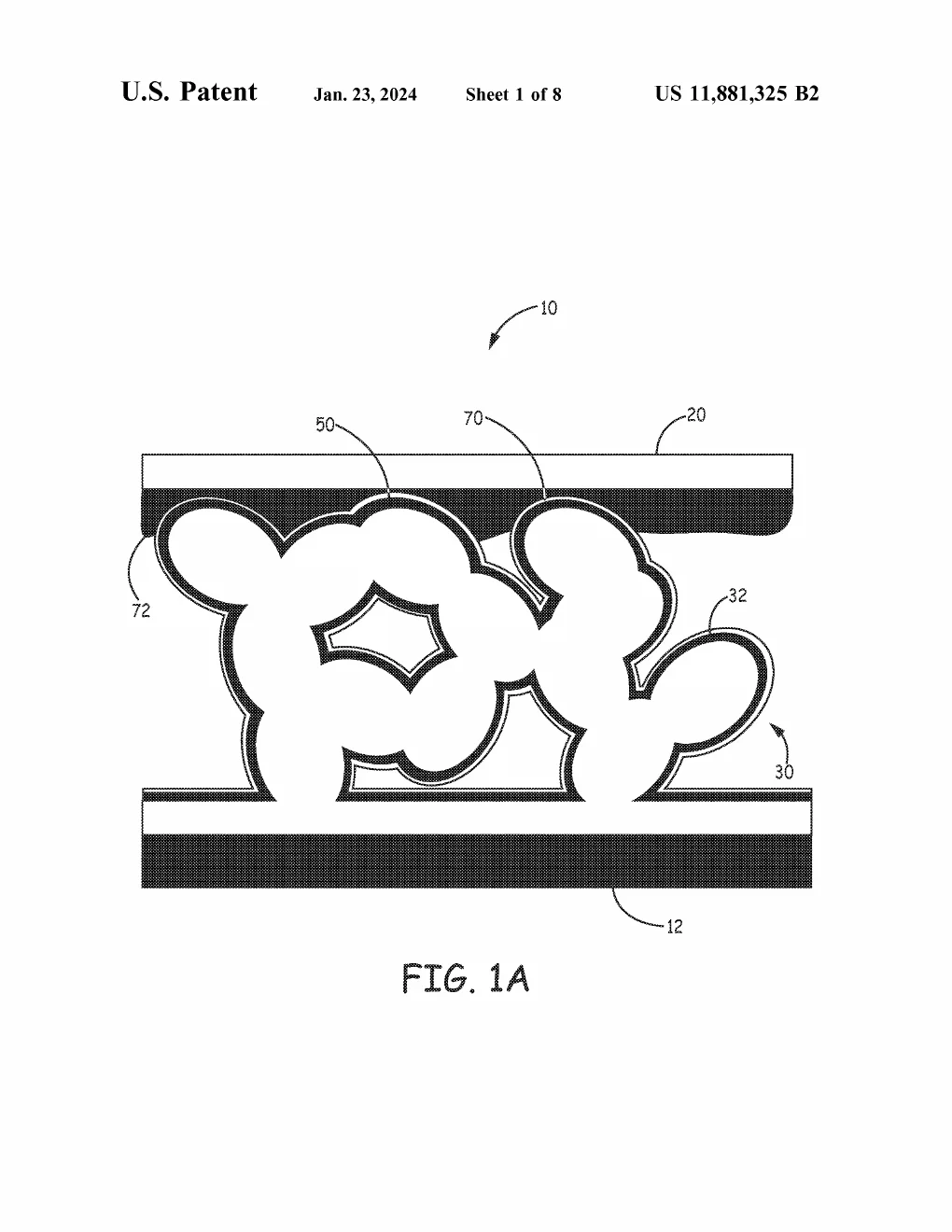 A cross-section of the converter: a sponge-like three-dimensional collector, traced with thin coating layers, filling the gap between two flat electrode plates.