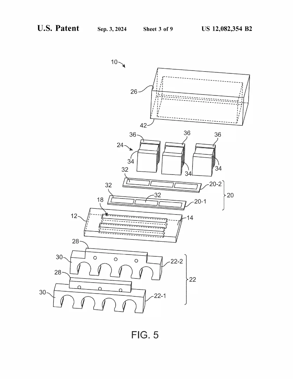 Exploded view of the whole package: cover, components, window frames, and substrate stacked above the two rows of arched conductor blocks that carry the connections.