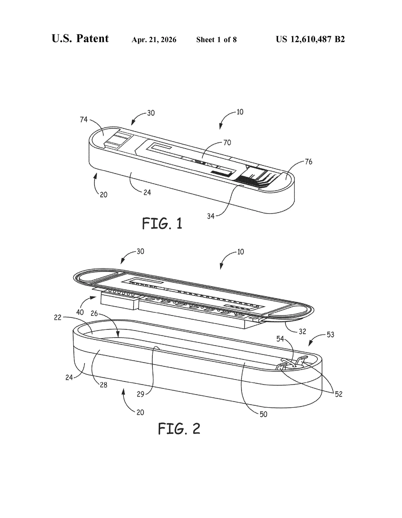 The pill-shaped device shown whole, then pulled apart: the electronics carrier lifting away from the housing that holds the power source, with the small spring contact waiting in the far corner where the two simply press together.