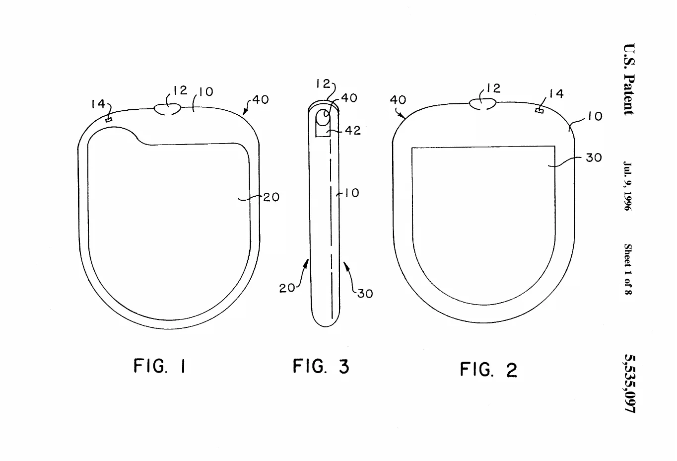 Patent drawing, US5535097A: Three plain outline views of the finished pacemaker can — front, back, and razor-thin edge-on — establishing its rounded D shape, the connector bore at the top corner, and the feedthrough spot on the rim.