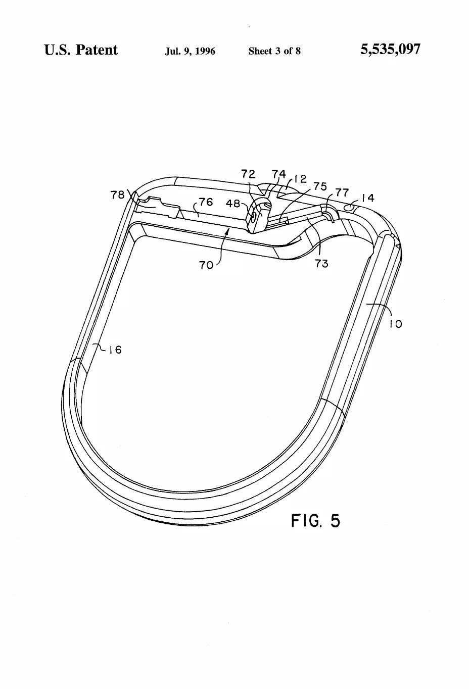 Patent drawing, FIG. 5 of US5535097A: The open main shell viewed from above with the lid removed, showing the stepped interior ledge along the top edge where the feedthrough and connector parts seat themselves — the self-locating geometry at the heart of the claim.