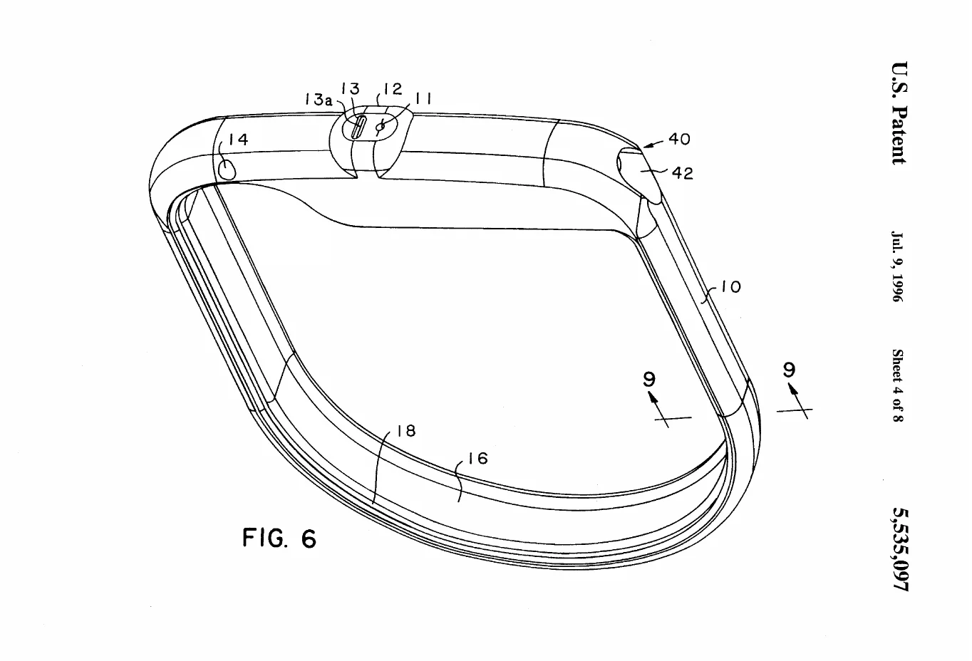 Patent drawing, FIG. 6 of US5535097A: A perspective of the closed housing from the connector end, showing the molded shroud, the lead-receiving bore and its slotted aperture, and the section line for the later cross-section cuts.