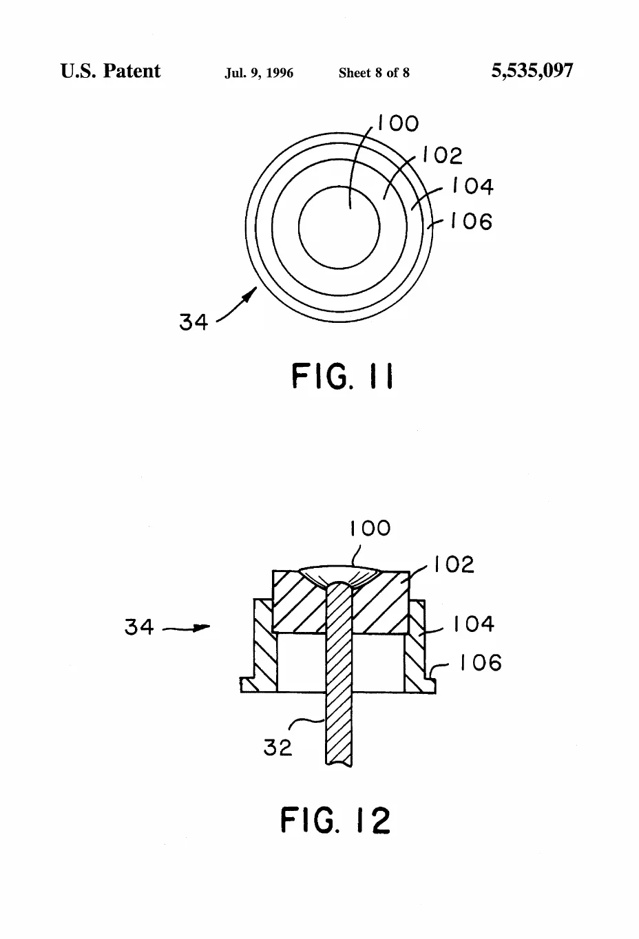 Patent drawing, US5535097A: Close-up detail of the feedthrough itself — a bullseye top view of its concentric rings and a cross-section showing the pin passing through the insulator and ferrule with the wire-bond pad flared on top.