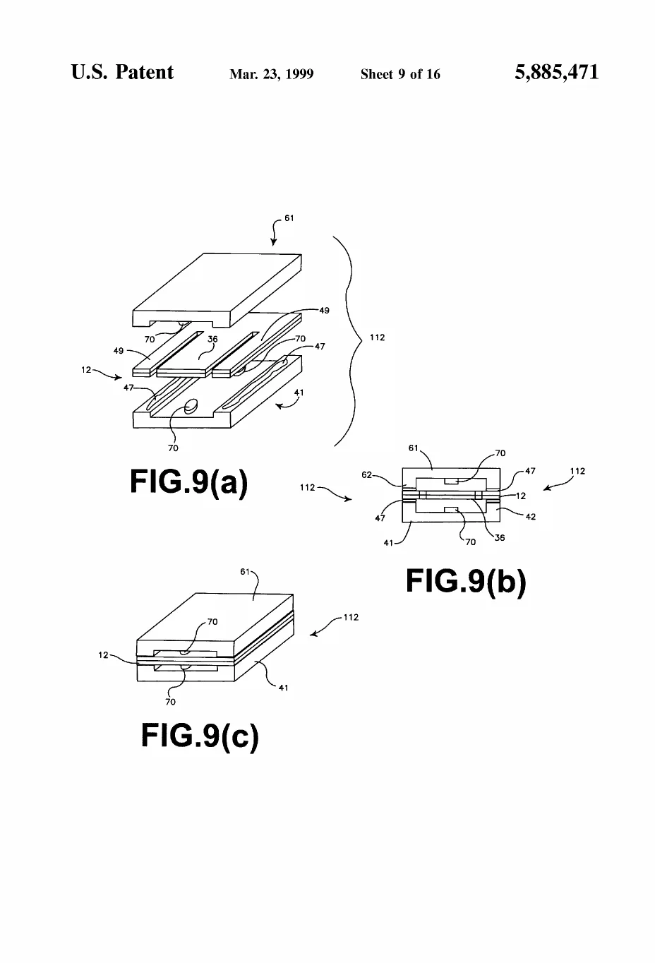 Patent drawing from US5885471A, FIGS. 9(a)-9(c): Another embodiment triptych (exploded, section, assembled) in which the base plate adds a dimple/hole feature under the beam tip to arrest downward over-travel.