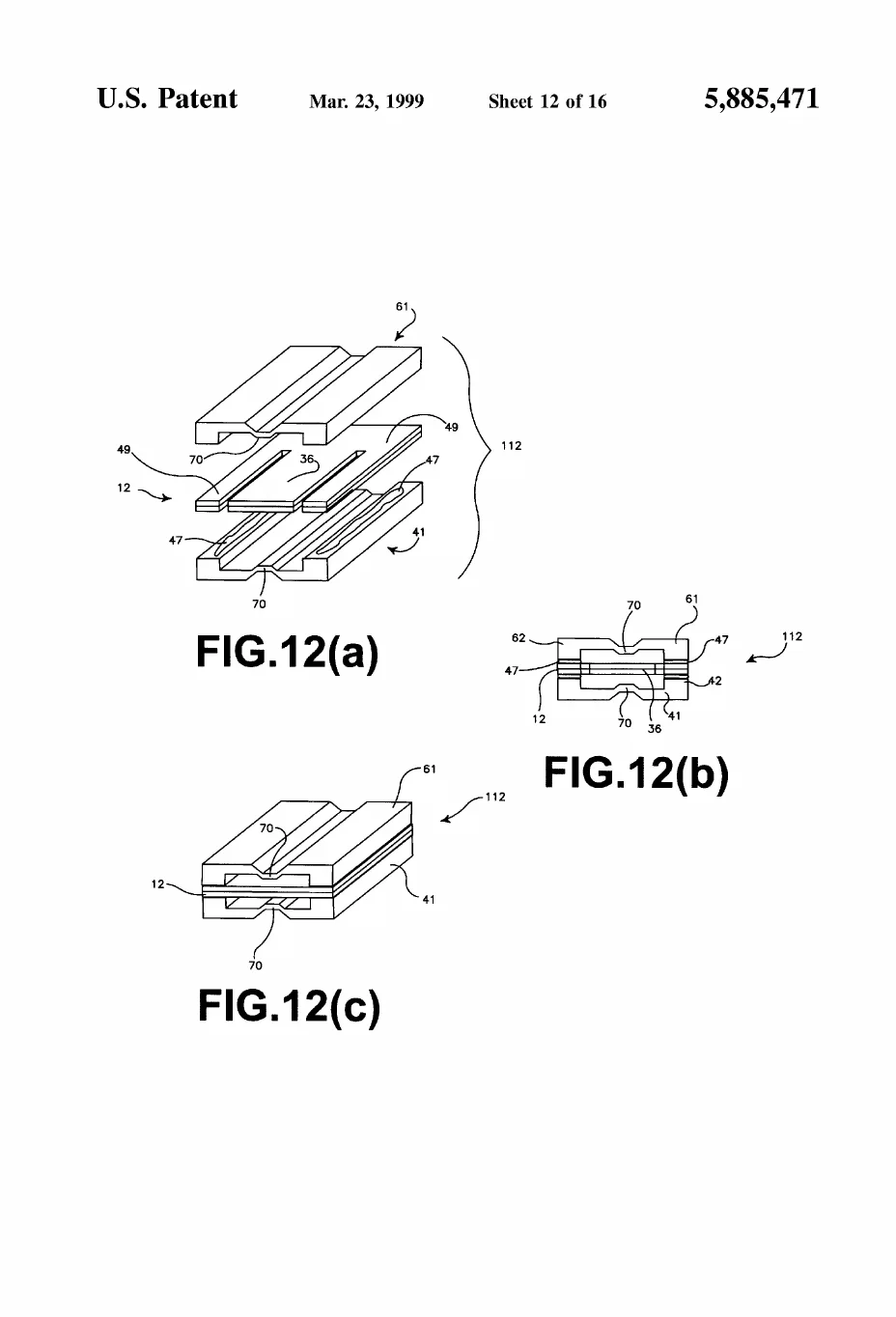 Patent drawing, US5885471A: A variant triptych whose cover and base are waisted with V-notches over the beam's free end, thinning the gap right where over-travel must be caught.