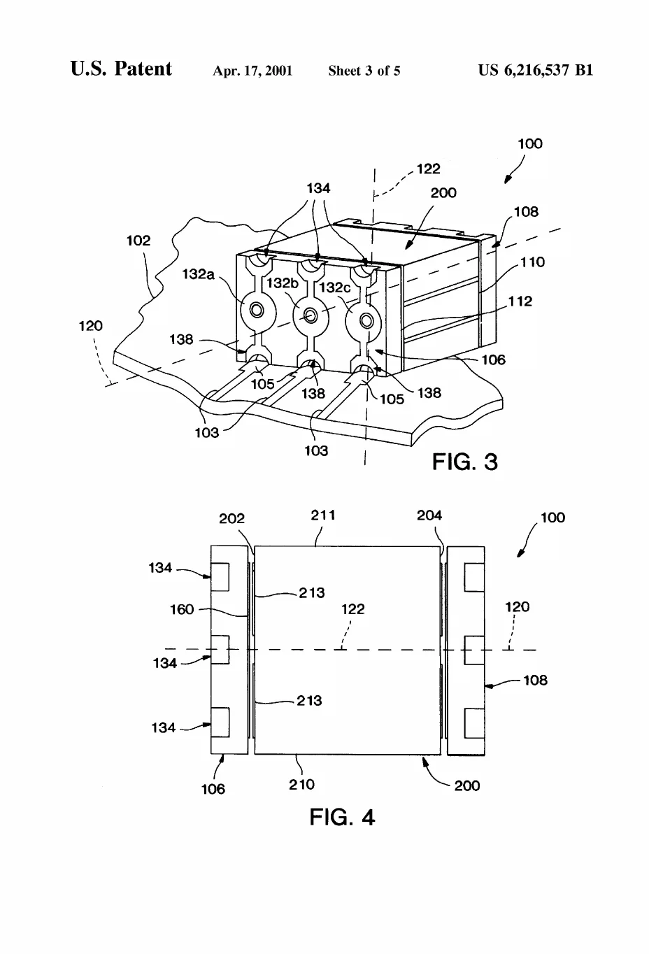 Patent drawing from US6216537B1, FIGS. 3-4: A perspective view of the tiny surface-mount accelerometer package standing upright on a circuit board, its castellated multilayer end caps soldered to board pads so the sensing axis points out of the board, plus a flat side view of the element sandwiched between the two caps.