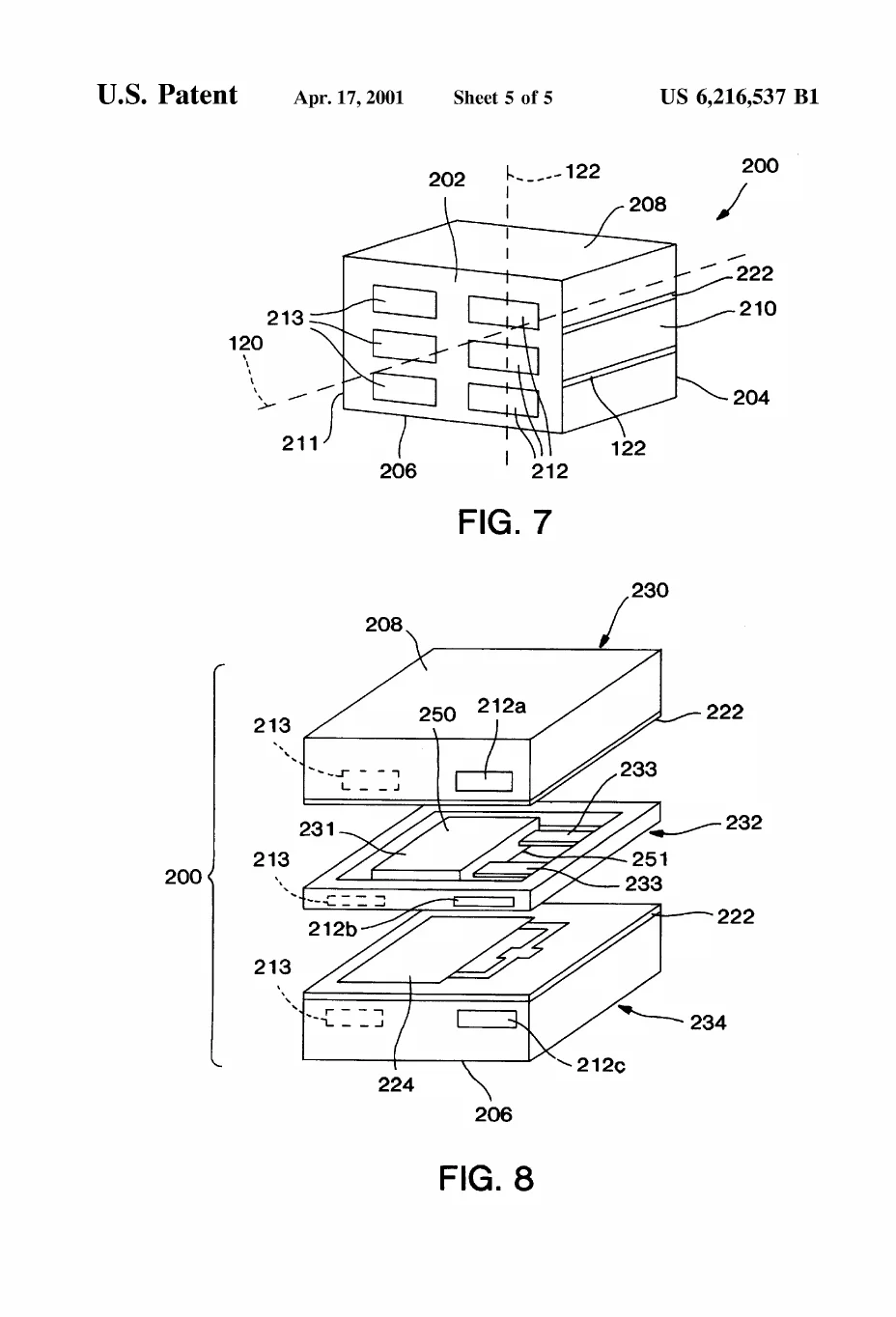 The assembled sensor block beside an exploded view that pops it open, revealing the tiny piezoelectric beam suspended over its cavity between two covers.