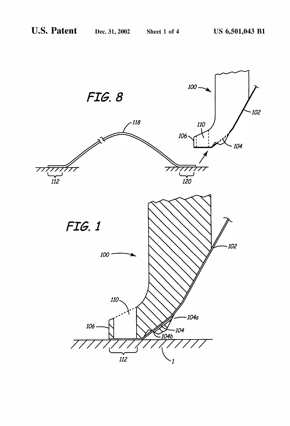 Patent drawing, FIG. 1, FIG. 8 of US6501043B1: A cross-section of the bond-head foot pressing a metal ribbon onto its pad with the laser aperture and forming weld nugget visible beneath it, plus a view of the finished ribbon arching between its two bonded pads.