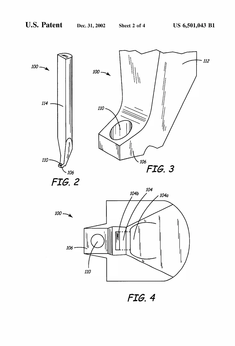 Patent drawing, FIG. 2, FIG. 3, FIG. 4 of US6501043B1: Perspective and magnified close-up views of the bonding tool itself, revealing the aperture bored straight through its foot — the eye the laser fires through — and the weld region seen through that opening.