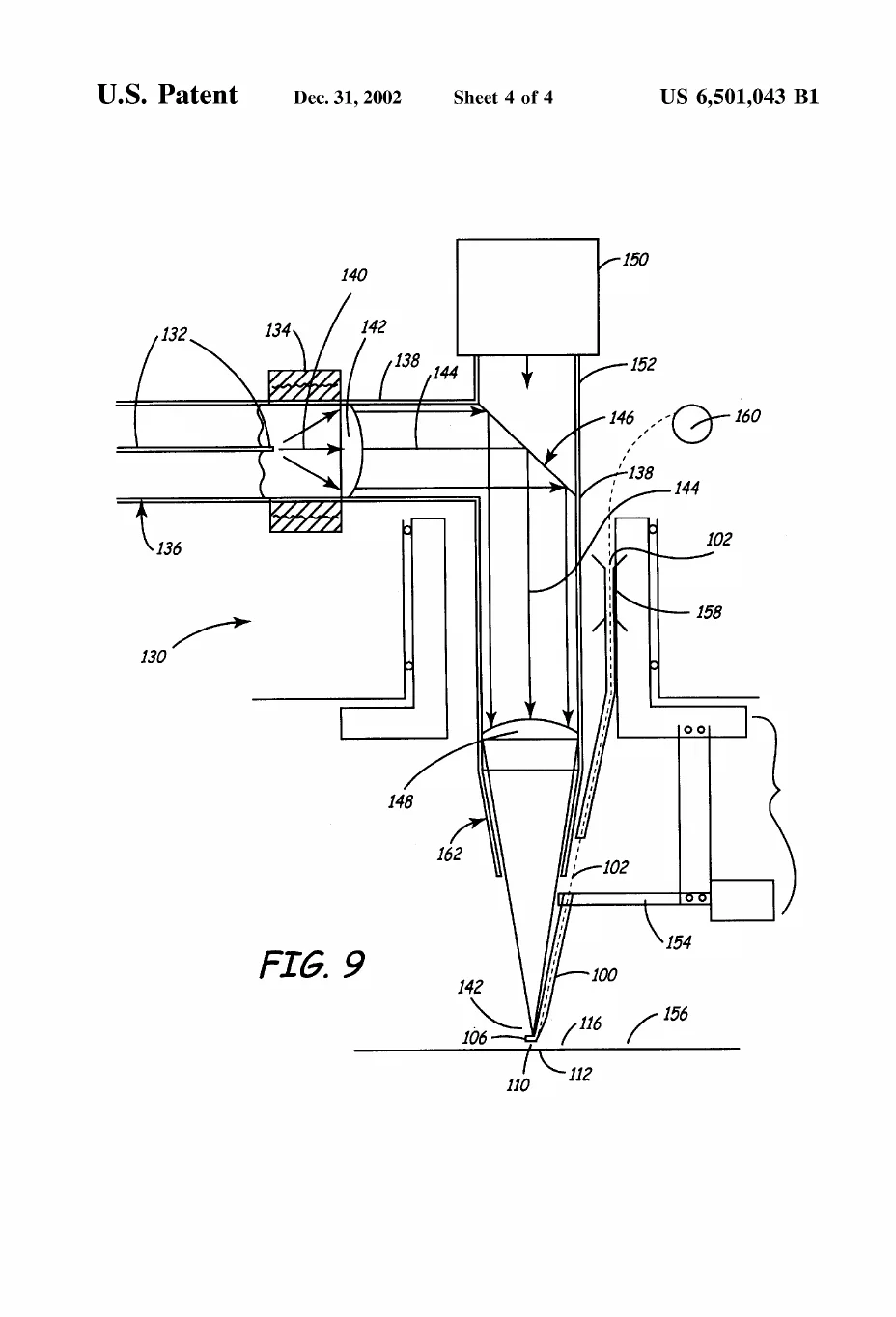 A full cross-sectional schematic of the welding apparatus, tracing the laser beam from its source through a turning mirror and focusing lens down a conical housing and out through the bond head's aperture onto the ribbon-and-pad joint.