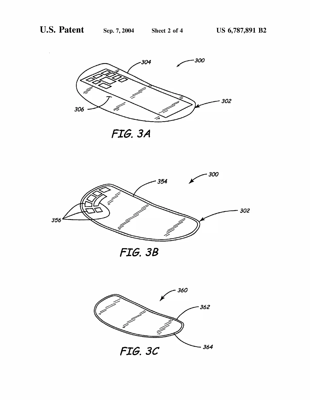 Three perspective views of a substrate cut and curved to hug a device's rounded interior, its chip pads riding the bend.