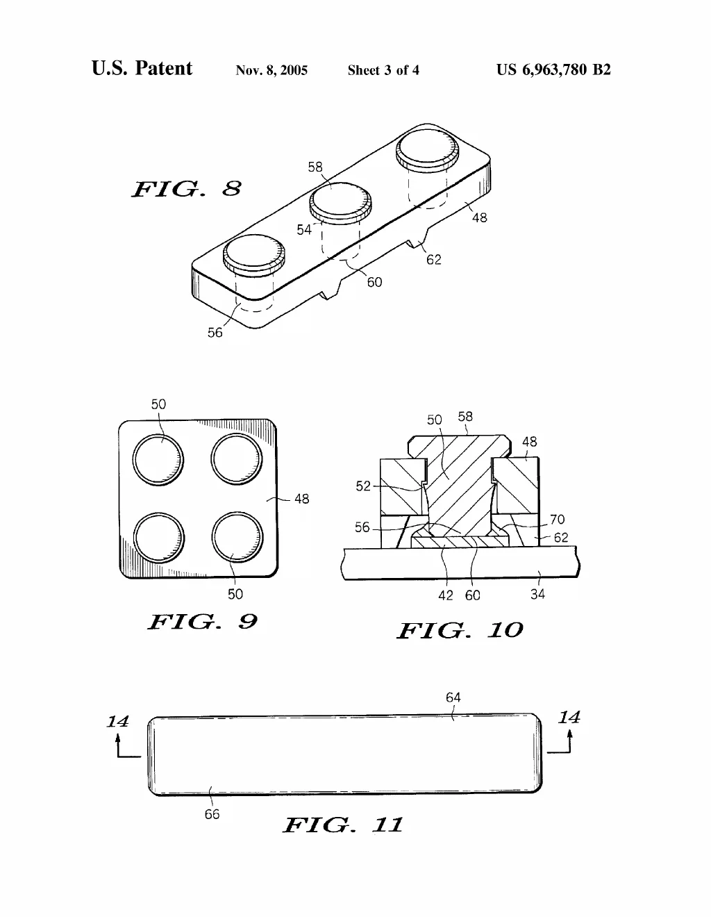 A 3D view of the molded terminal block with its buried terminals, beside a cross-section of one terminal — narrow solder face below, wide wire-bond head above.