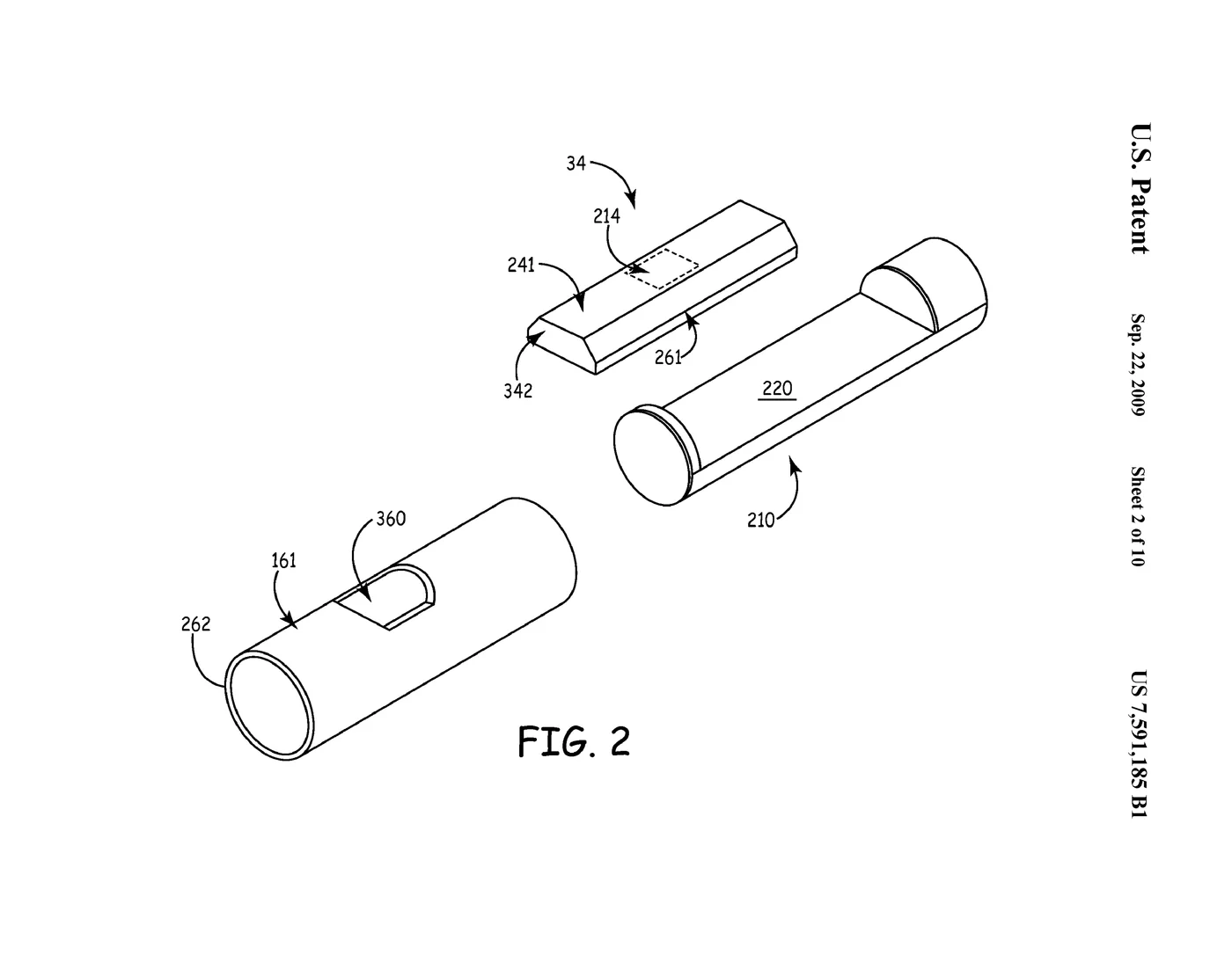 An exploded view of the sensor module: the block-shaped pressure sensor with its diaphragm window floating between its cradle and the lead's outer tube with a matching cutout.