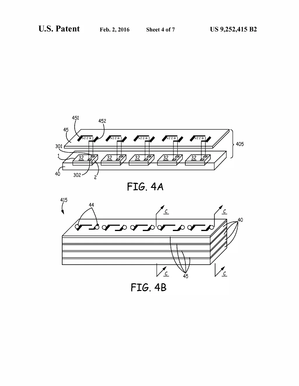 Battery cells arrayed on a wafer with the routing layer hovering above them, and the finished multi-layer stack they become.