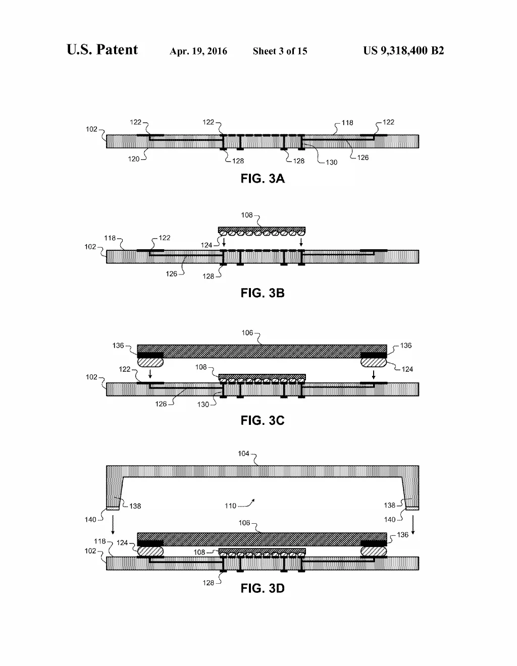 A four-step assembly sequence in cross-section: the bare wired substrate, the chip lowered onto its solder balls, the battery lowered onto its pads, and finally the recessed glass cap descending over both to enclose them in a cavity for bonding.