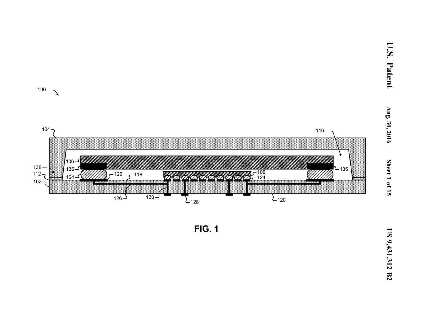 Cross-sectional view (FIG. 1) of the wafer-scale package: two bonded substrates form a sealed cavity holding both the control-module die and the energy-storage device that powers it, with conductive vias and traces routing signals through the walls.