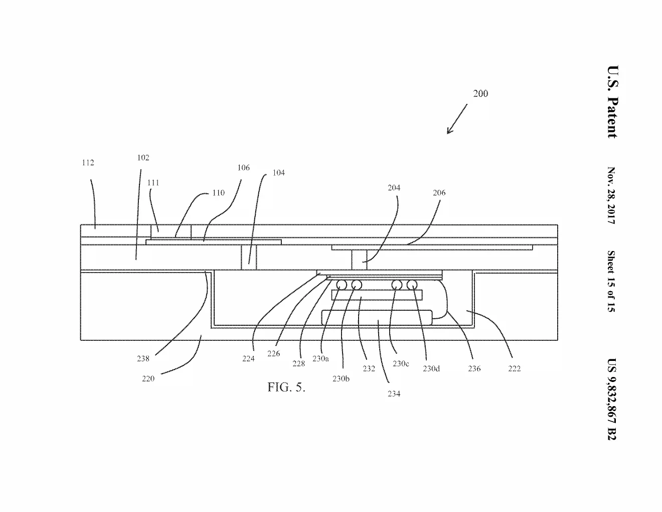 Cross-section of the finished package: two glass wafers fused into one body, with a chip mounted inside and metal routing buried in the glass wall itself.