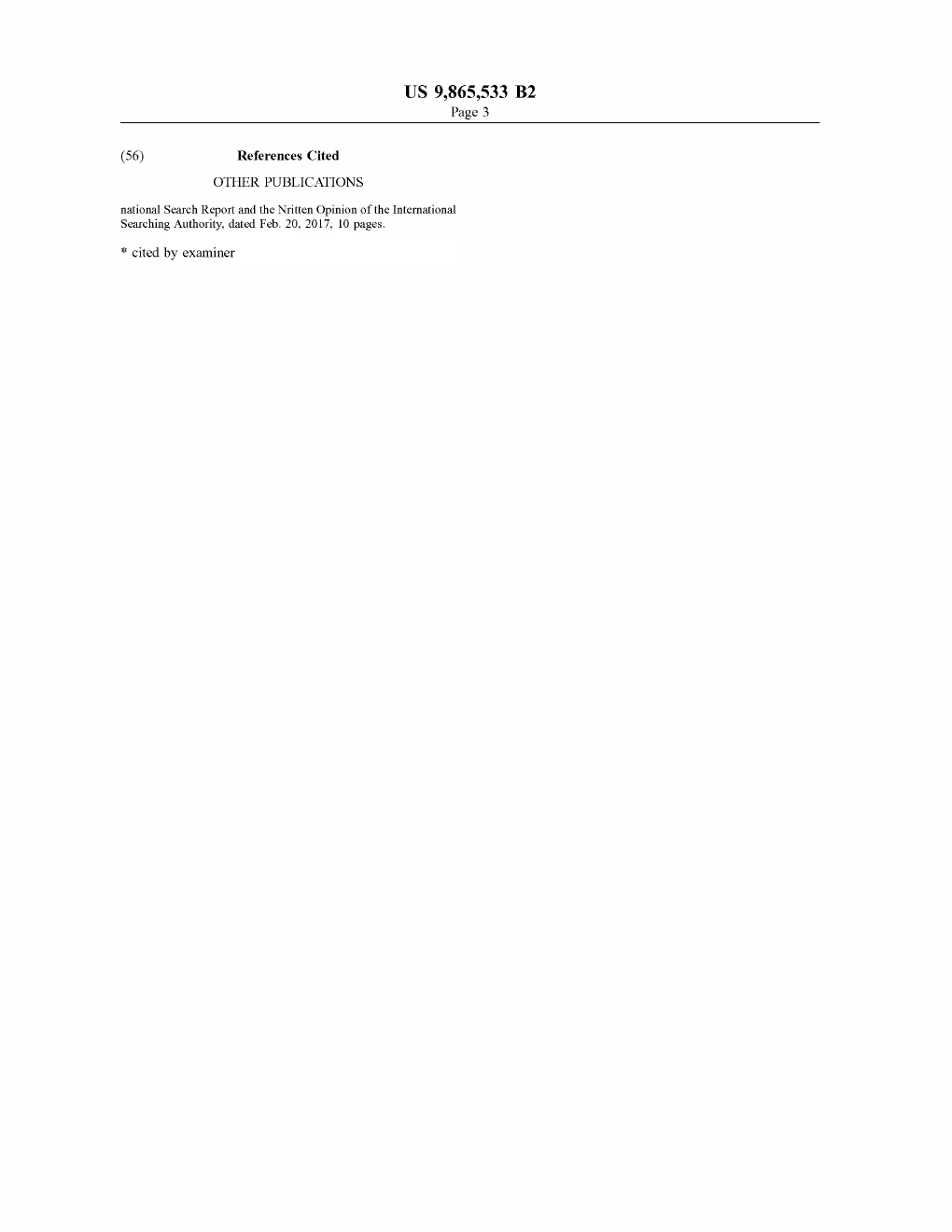 Patent drawing, US9865533B2: A text-only continuation of the patent's cover pages listing the References Cited / Other Publications, with no drawings.