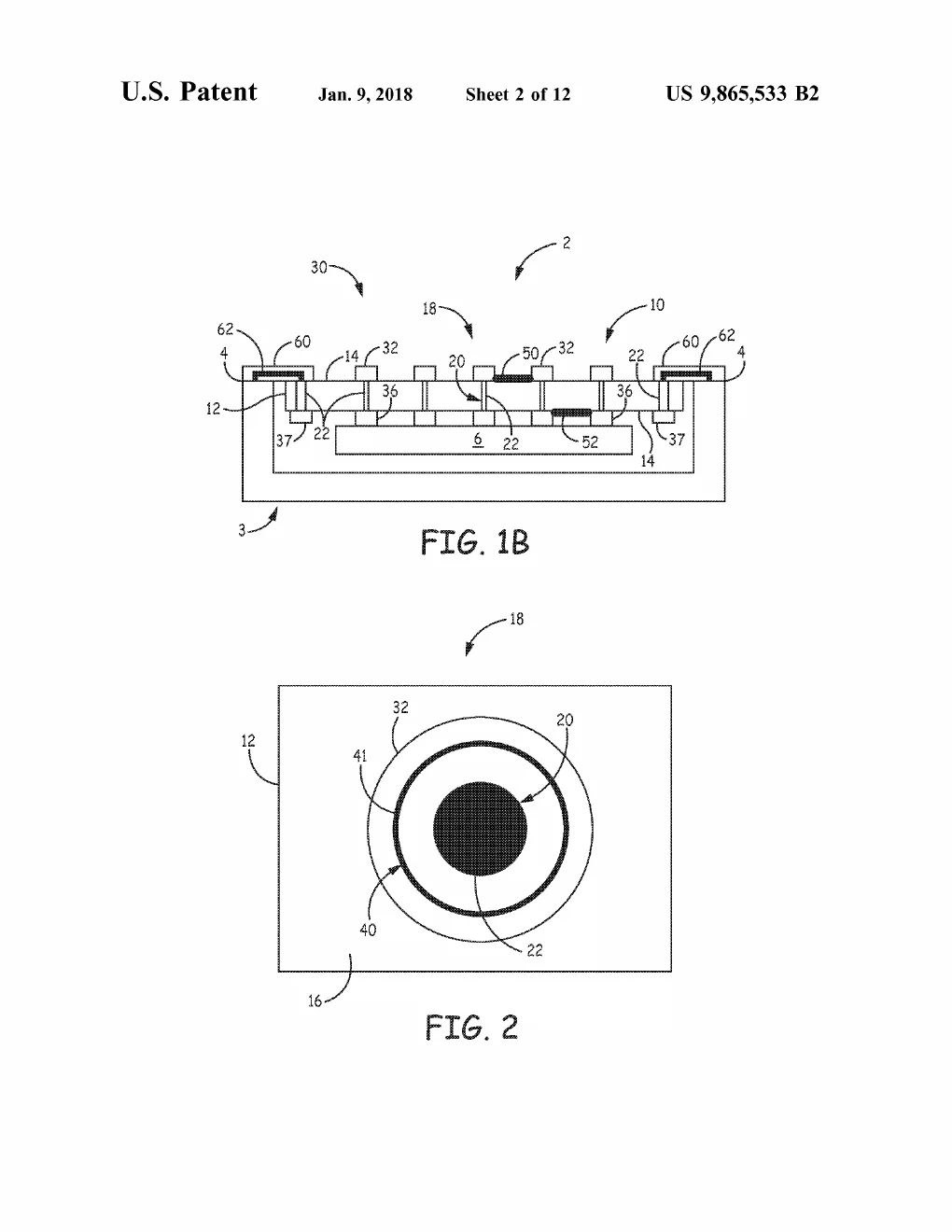 A cross-section of the feedthrough installed in an implantable device housing (electronics sealed inside, contacts facing the body) paired with a top-down view of one contact as a bullseye, the via at center ringed by the sealing bond line.