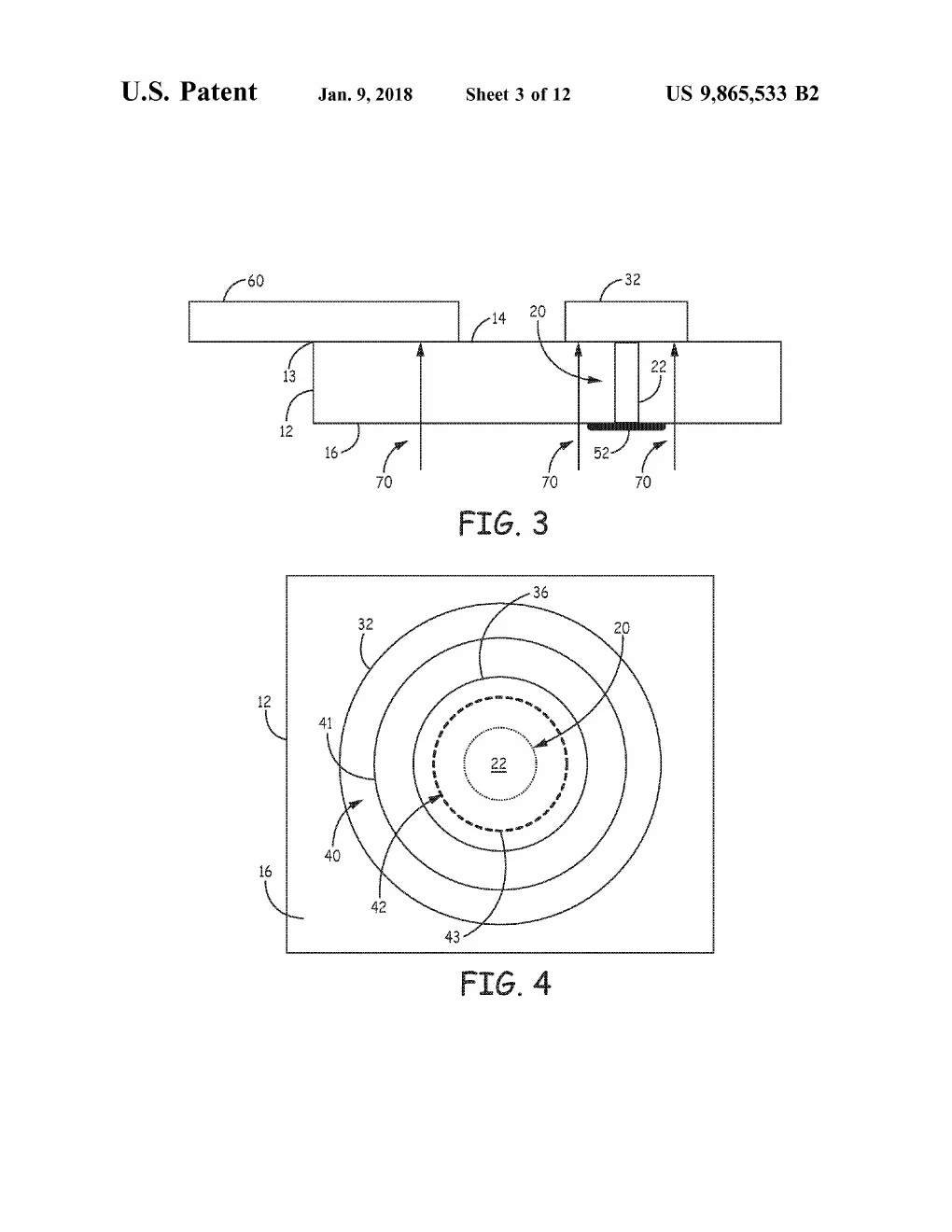 The invention in action: a cross-section with laser-energy arrows firing up through the transparent substrate to weld contact to substrate, plus a plan view of the resulting concentric ring-shaped bond lines encircling the central via like a bullseye.