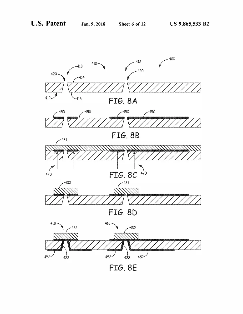 Patent drawing from US9865533B2, FIG. 8A, FIG. 8B, FIG. 8C, FIG. 8D, FIG. 8E: A five-step fabrication sequence in stacked cross-sections: drill tapered via holes, deposit thin-film metal, lay a cover layer and laser-bond it from below, pattern the contacts, and finish with a conductively lined, sealed via.