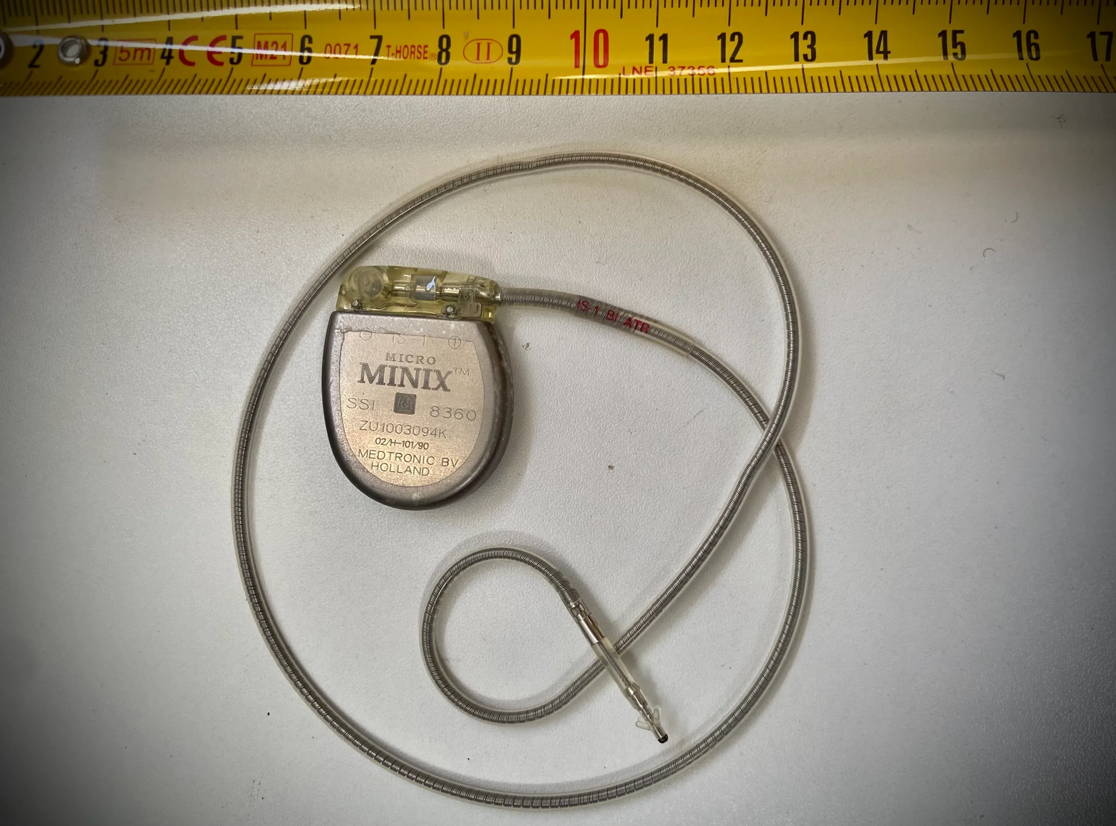 Explanted Medtronic Micro Minix pacemaker with pacing electrode